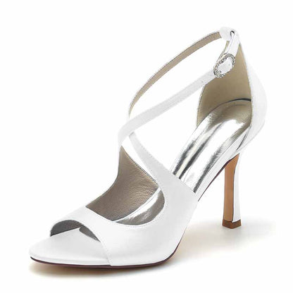3.74" Peep Toe Satin Bridal Shoes Crossed Strappy Heels
