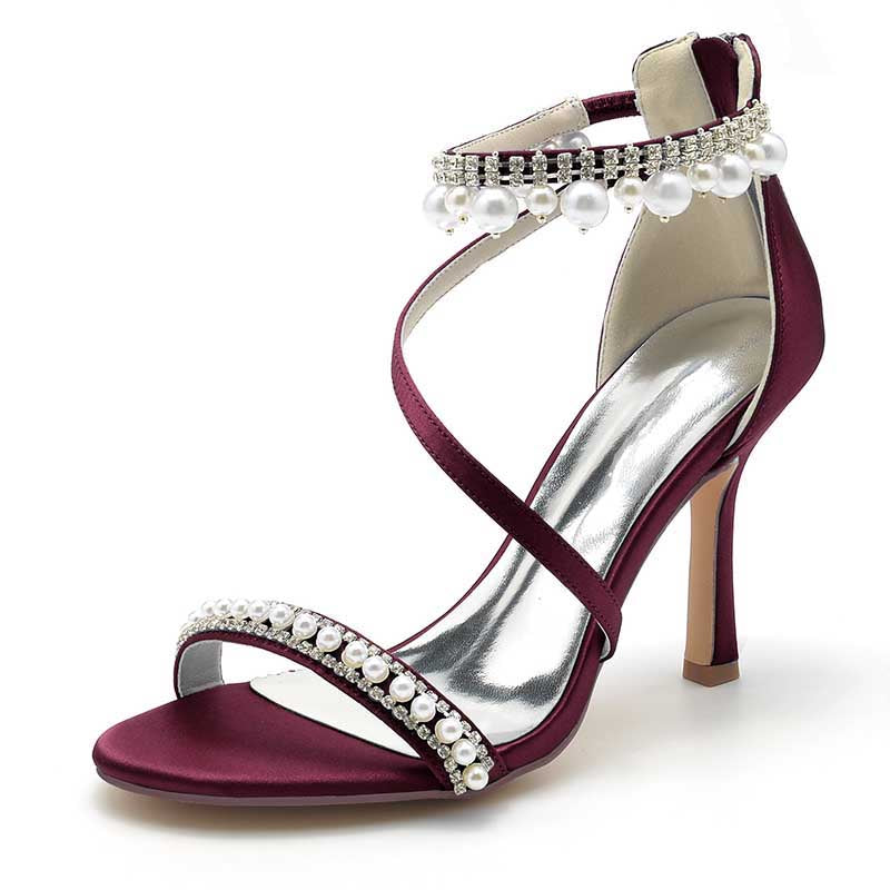 Women Pearls Rhinestones Open Toe Wedding Sandals 3.74" Dress Shoes
