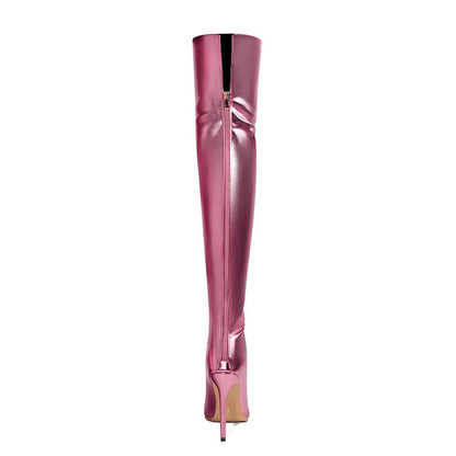 Shiny leather high heel over the knee boots for women in metallic pink with back zipper