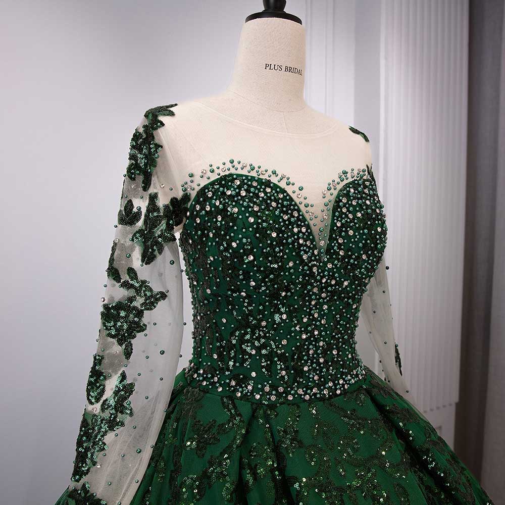 Long Sleeve Emerald Green Sequin Gala Ball Gown Sparkling Dresses