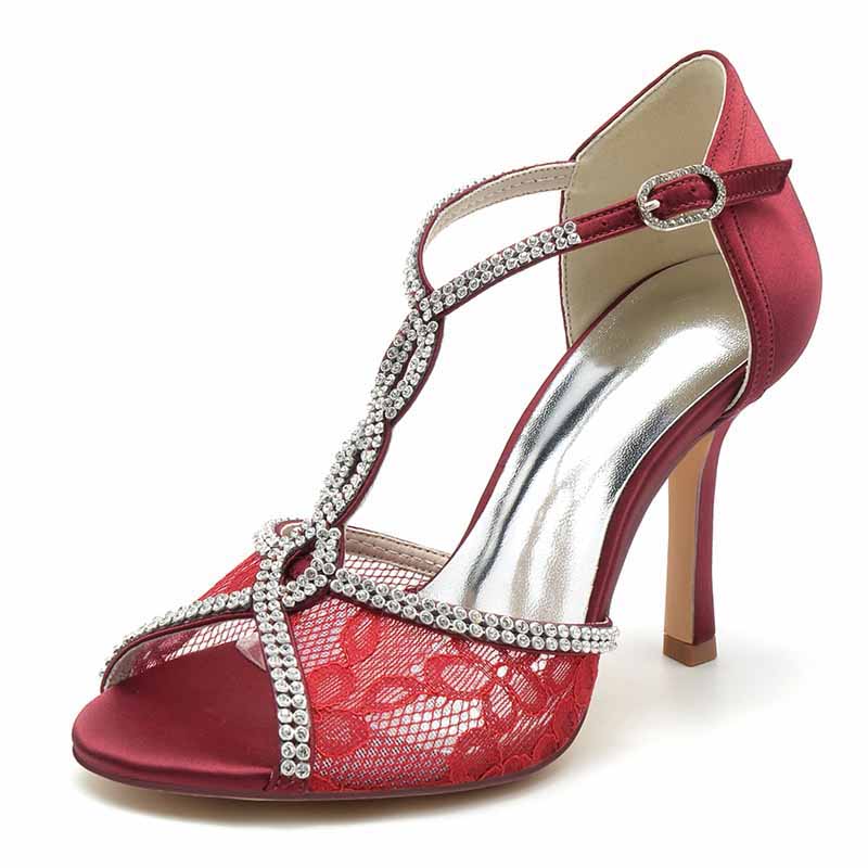 3.35" Peep-Toe Lace Bridal Shoes T-Strap Prom Heels