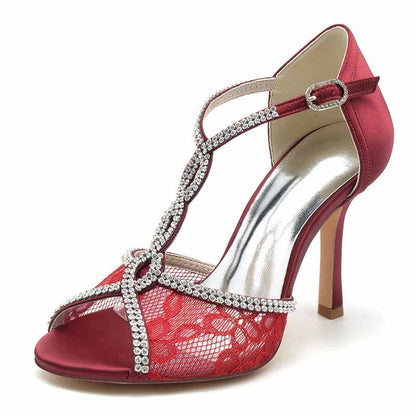 3.35" Peep-Toe Lace Bridal Shoes T-Strap Prom Heels