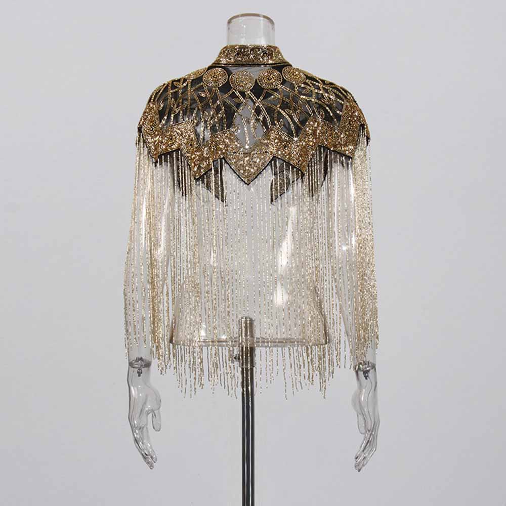 Gatsby Style 20s Metallic Cape – Gold & Silver Beaded Fringe Mesh Cape