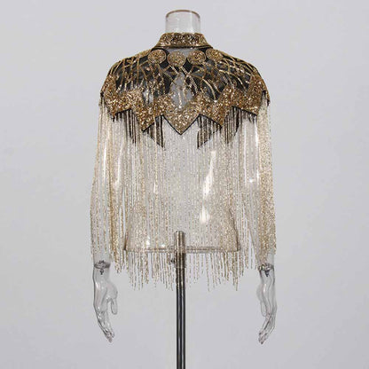 Gatsby Style 20s Metallic Cape – Gold & Silver Beaded Fringe Mesh Cape