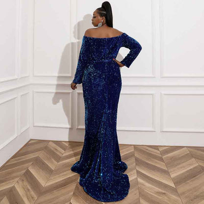 Plus Size Sequin Navy Blue Maxi Dress with Sleeves Evening Gowns
