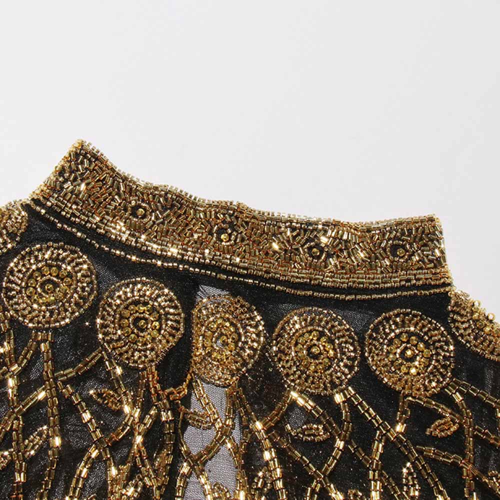 Gatsby Style 20s Metallic Cape – Gold & Silver Beaded Fringe Mesh Cape