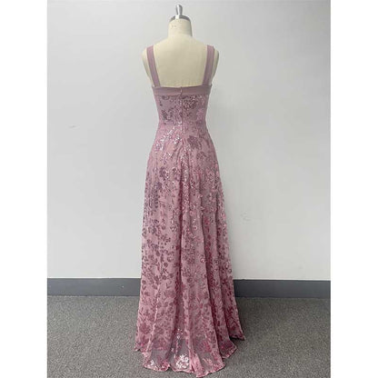 Sleeveless U-Neck Sequin Wedding Guest Dress Dusty Pink Long Evening Dress