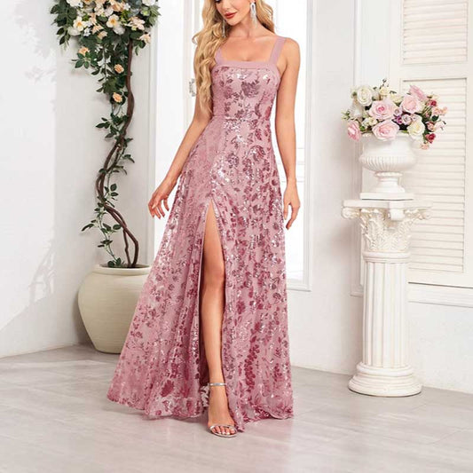 Sleeveless U-Neck Sequin Wedding Guest Dress Dusty Pink Long Evening Dress