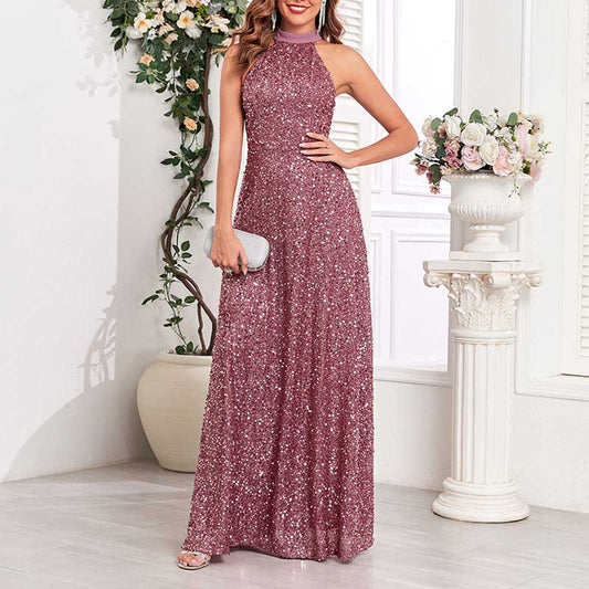 Halter Neck Sequin Wedding Guest Dress Dusty Rose Long Evening Dress