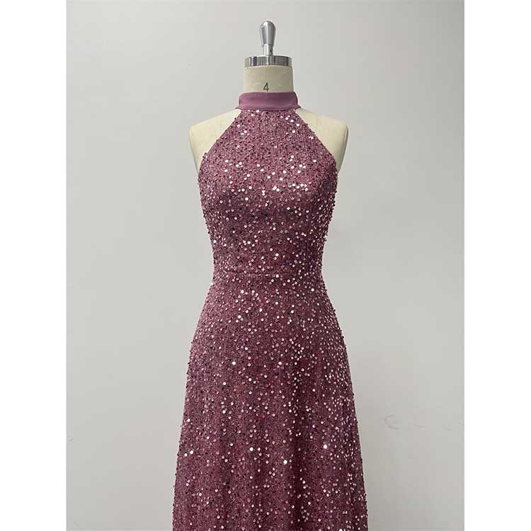 Halter Neck Sequin Wedding Guest Dress Dusty Rose Long Evening Dress