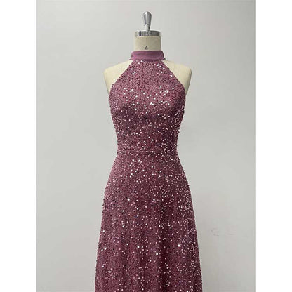 Halter Neck Sequin Wedding Guest Dress Dusty Rose Long Evening Dress