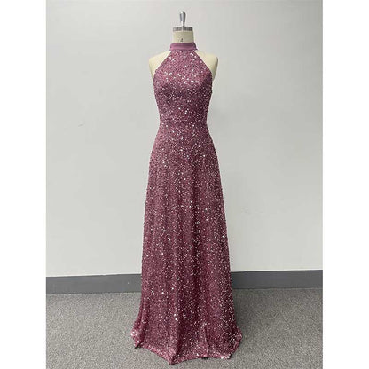 Halter Neck Sequin Wedding Guest Dress Dusty Rose Long Evening Dress