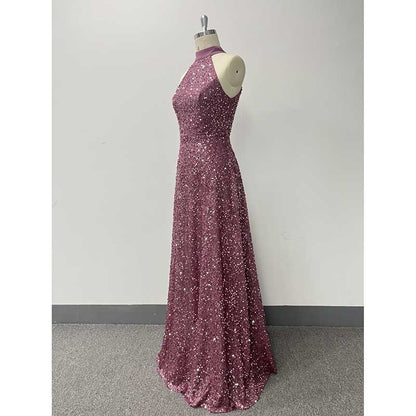 Halter Neck Sequin Wedding Guest Dress Dusty Rose Long Evening Dress
