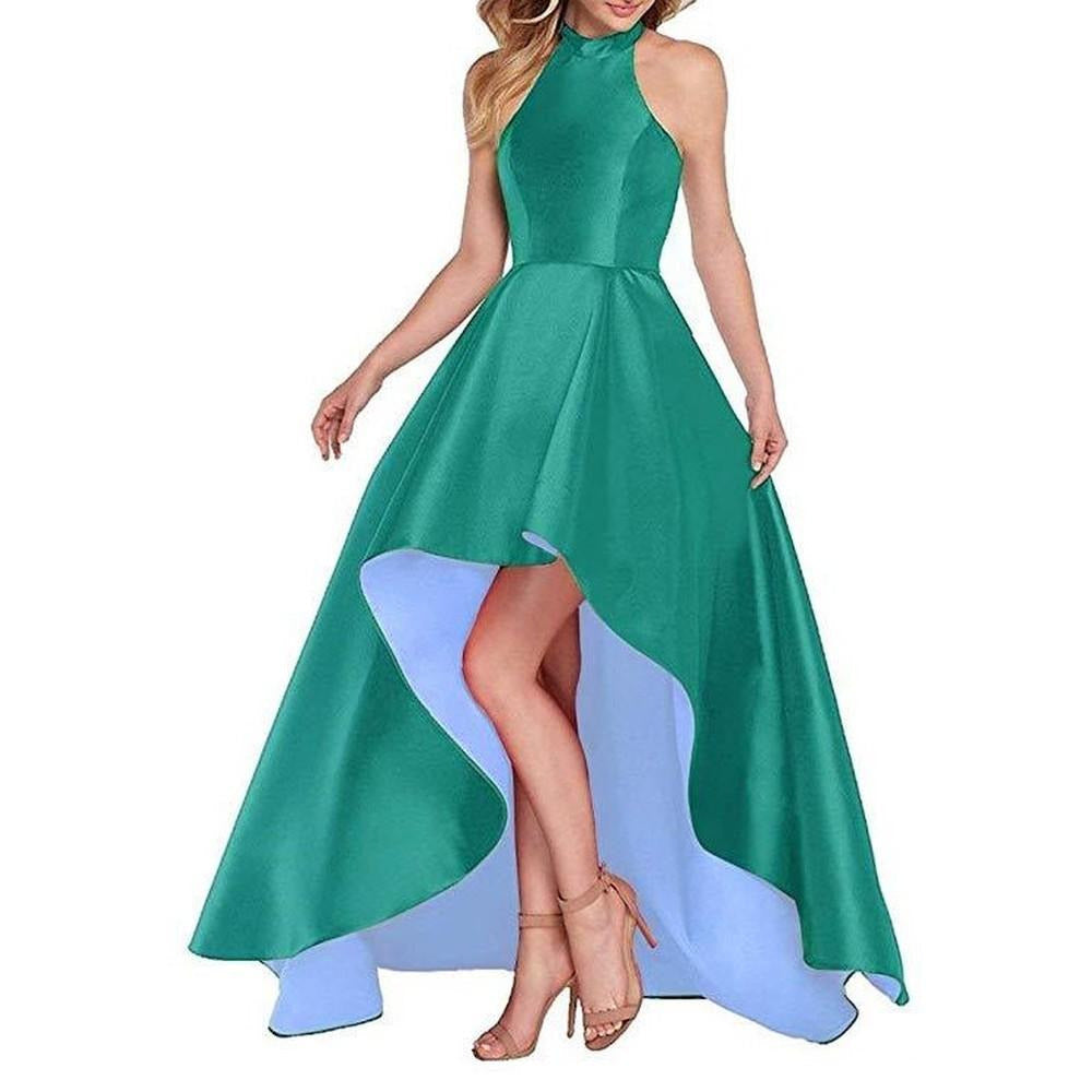 High Low Satin Prom Dress Halter Wedding Guest Dress Party Ball Gown