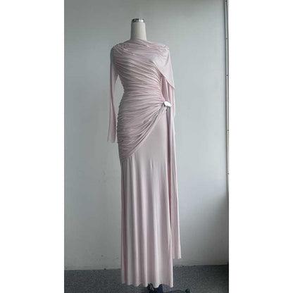Shawl Ruched Draped Maxi Dress Long Sleeve Prom Dresses