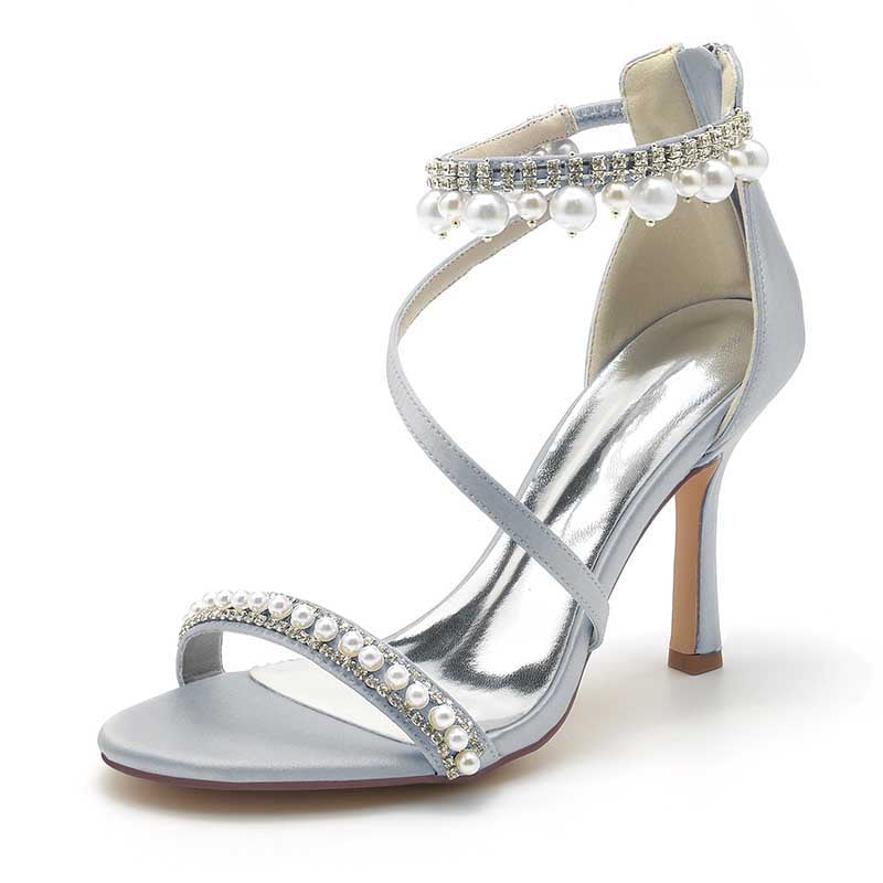 Women Pearls Rhinestones Open Toe Wedding Sandals 3.74" Dress Shoes