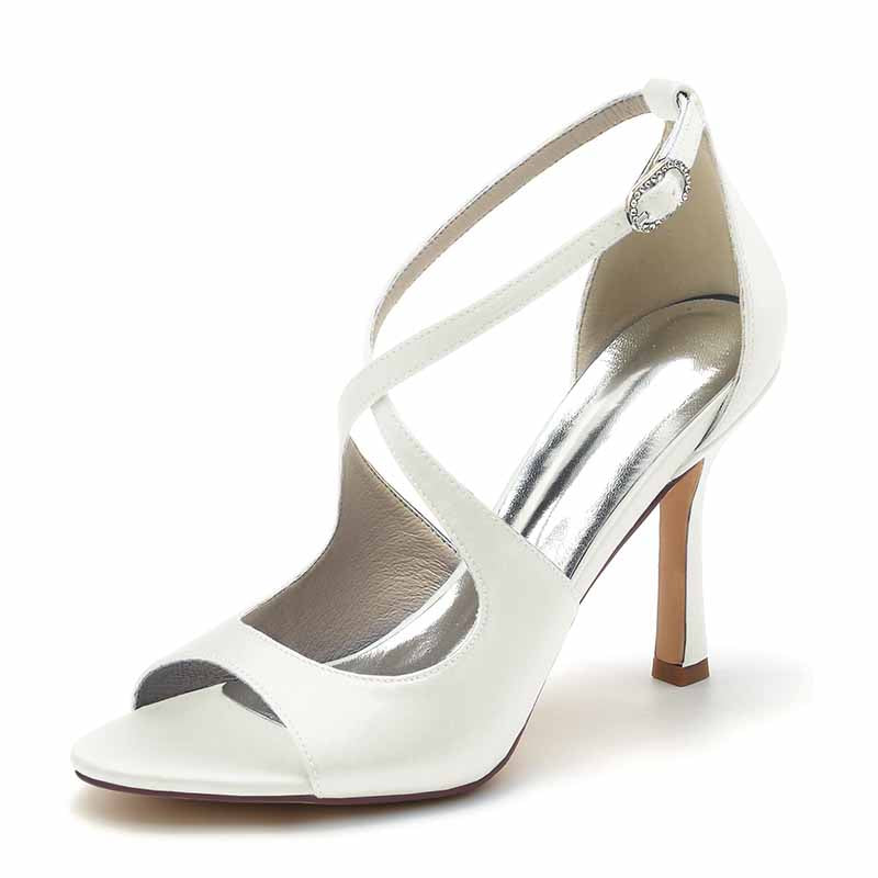 3.74" Peep Toe Satin Bridal Shoes Crossed Strappy Heels