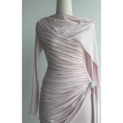 Shawl Ruched Draped Maxi Dress Long Sleeve Prom Dresses