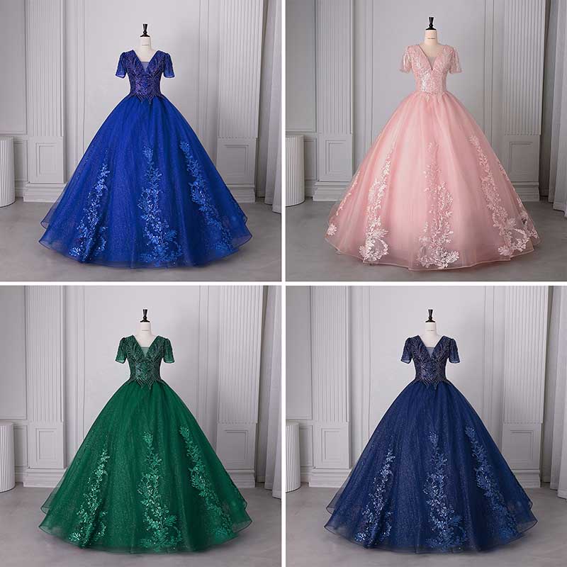 Quinceanera Dress Squin Appliques Short Sleeves Ball Gowns