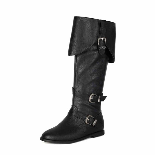Women's flat high boots with belt detail in black featuring a stylish fold-over design and comfortable flat heel.