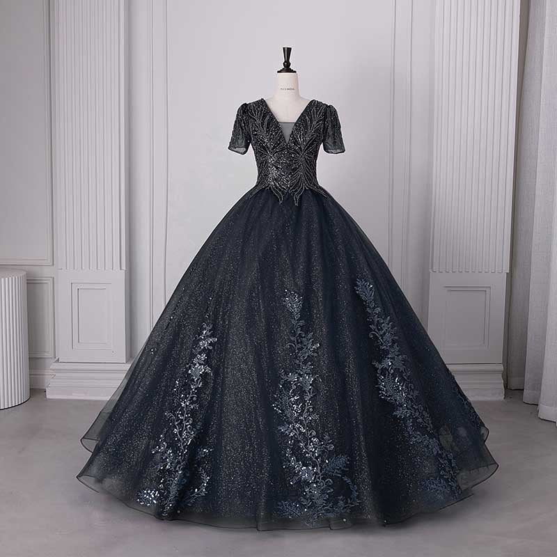 Quinceanera Dress Squin Appliques Short Sleeves Ball Gowns