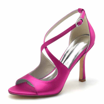 3.74" Peep Toe Satin Bridal Shoes Crossed Strappy Heels
