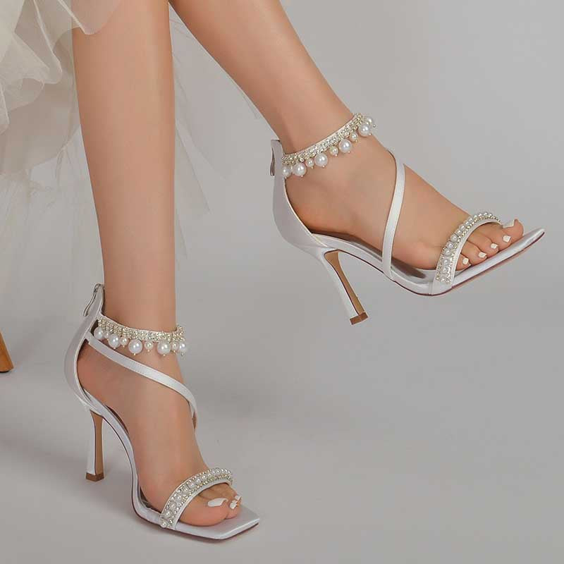Women Back Zipper Bridal Shoes Square-Toe Wedding Sandals 3.74"
