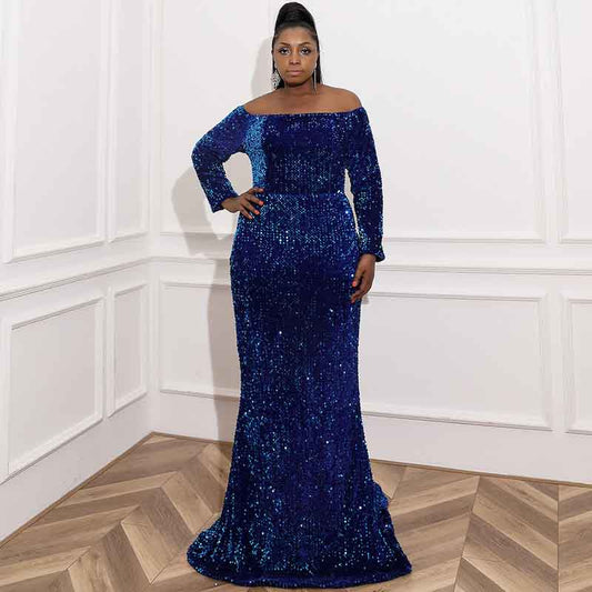 Plus Size Sequin Navy Blue Maxi Dress with Sleeves Evening Gowns