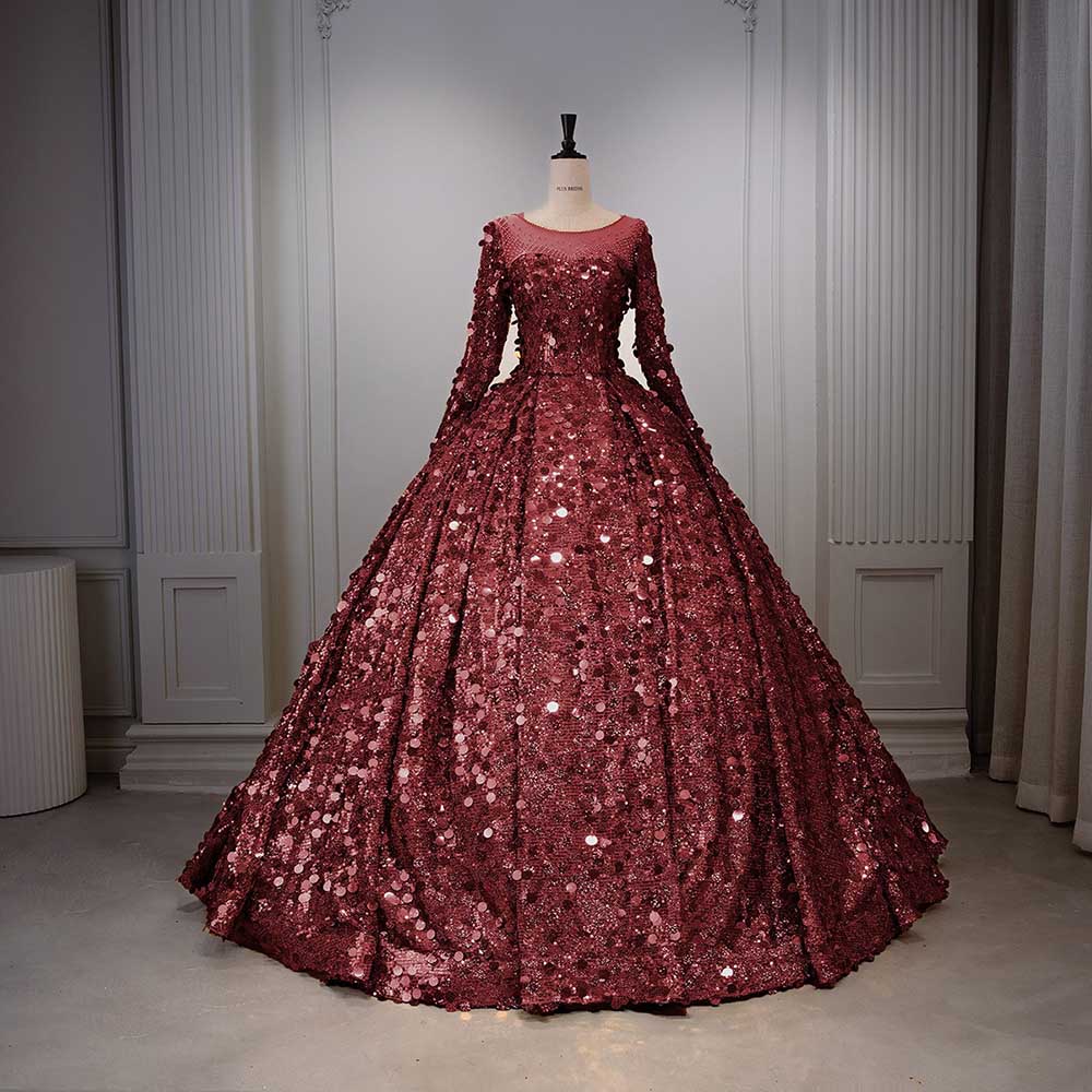 Long Sleeve Sequin Gala Ball Gown Sparkling Dresses