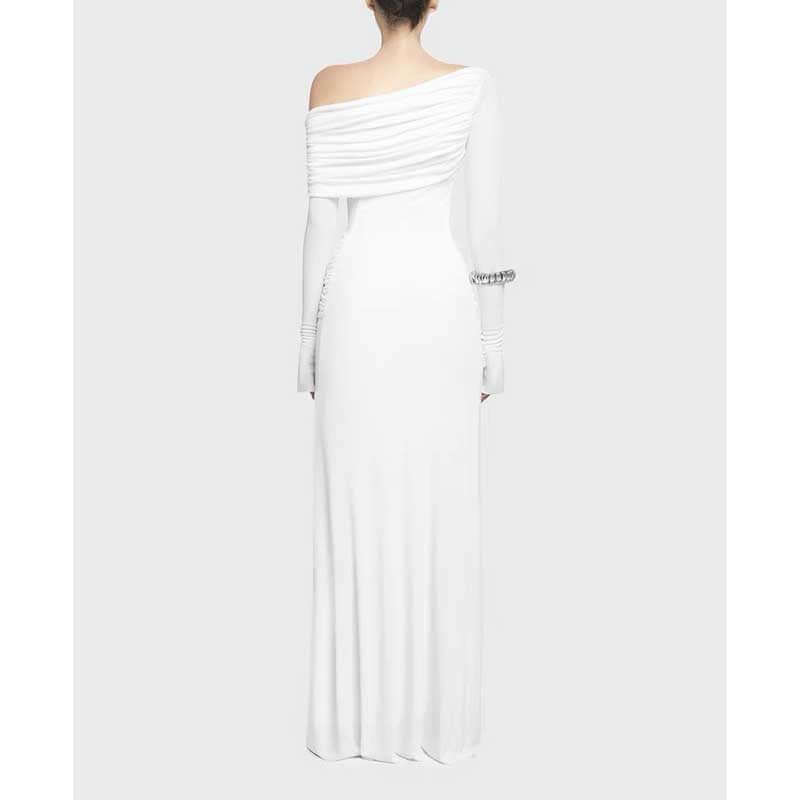 One Shoulder Ruch Maxi Dress With Sleeves for Women in white, back view showcasing long sleeves and ruch design.
