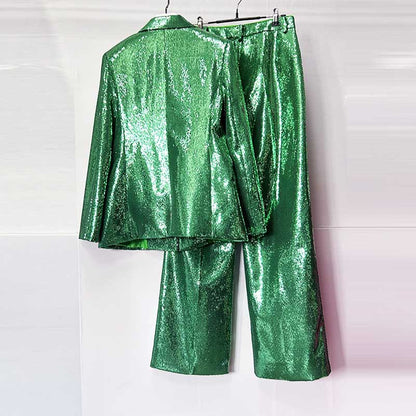 One Button Emerald Green Blazer Suit Sequins Formal Pantsuit