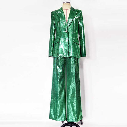 One Button Emerald Green Blazer Suit Sequins Formal Pantsuit