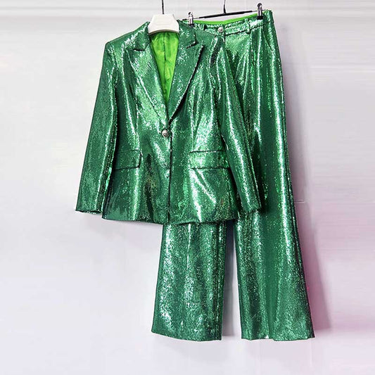 One Button Emerald Green Blazer Suit Sequins Formal Pantsuit