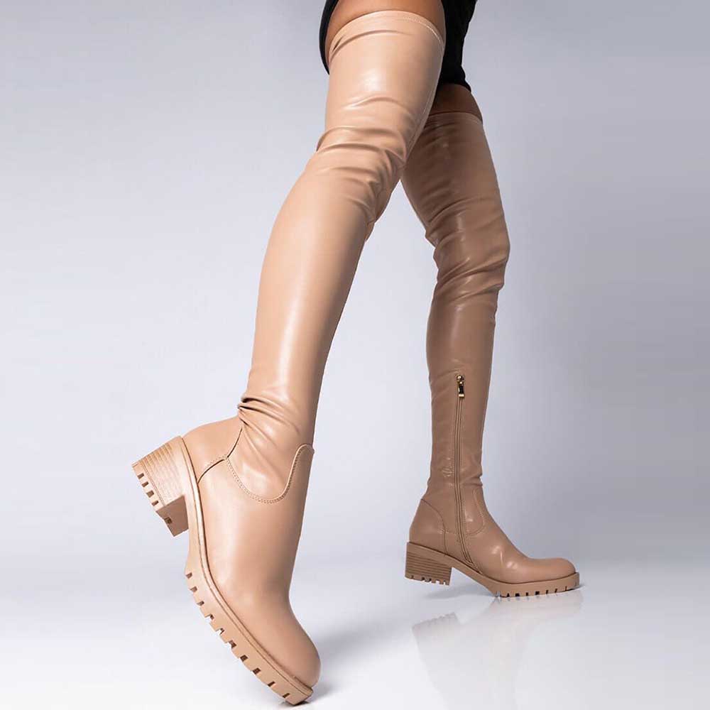 NONEBT beige extra long platform boots for women with chunky soles and zipper detail