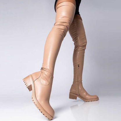 NONEBT beige extra long platform boots for women with chunky soles and zipper detail