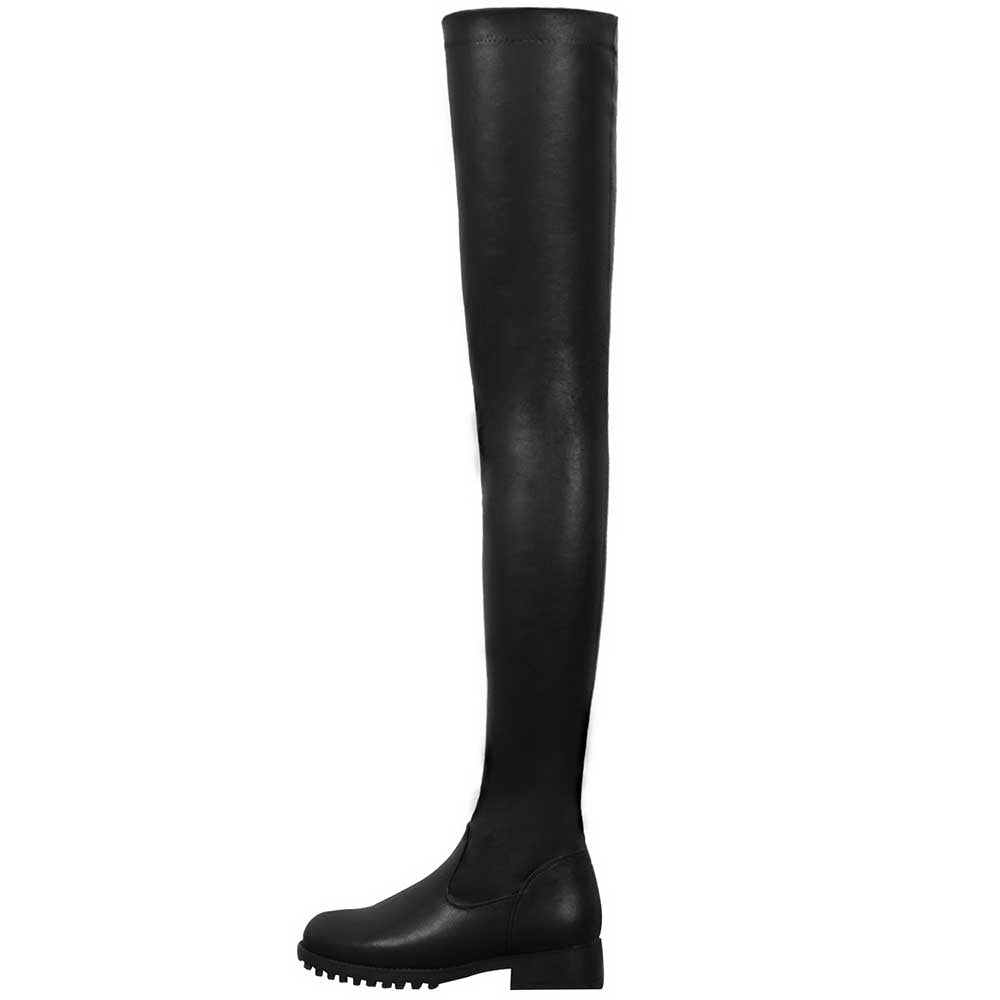 Black extra long platform boots for women with low block heel and textured sole