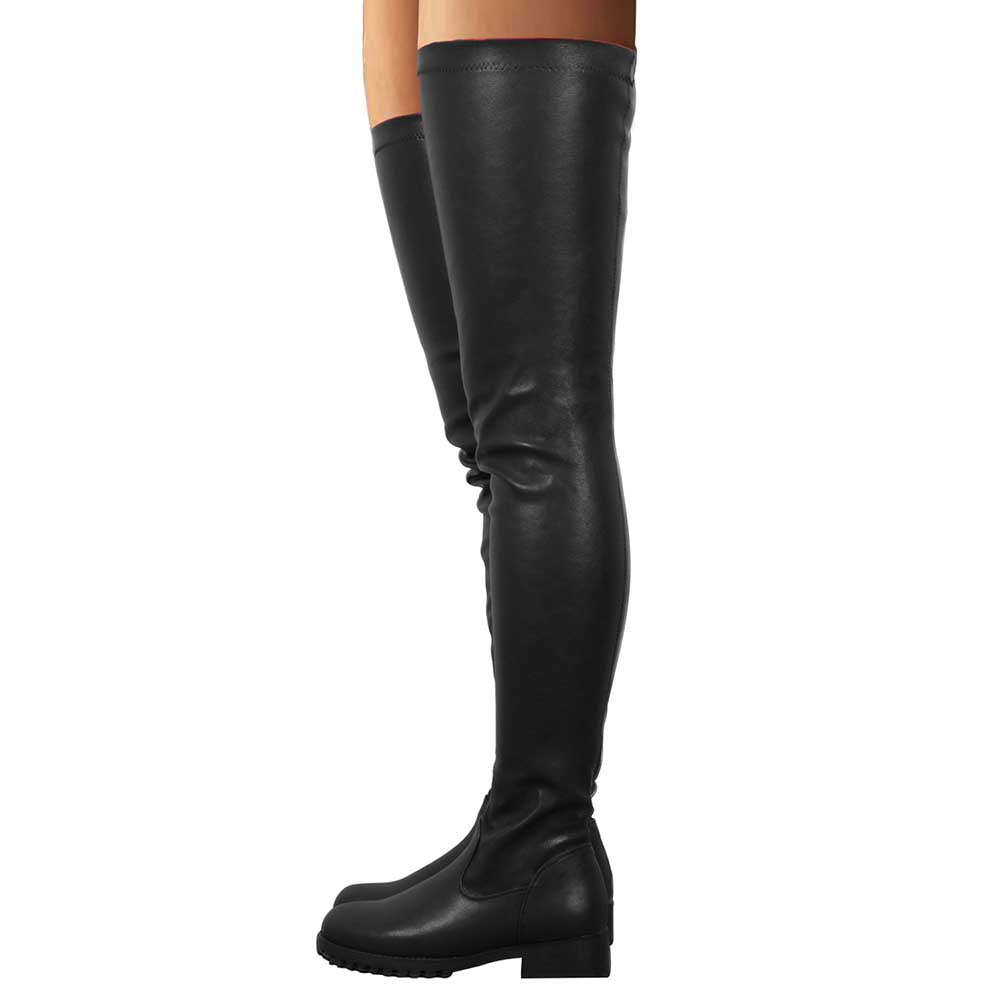 Black extra long platform boots for women with flat soles and knee-high design