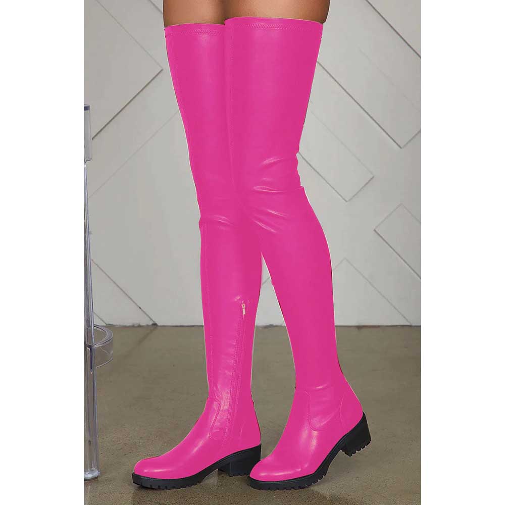 Bright pink extra long platform boots for women with a chunky black sole and knee-high fit