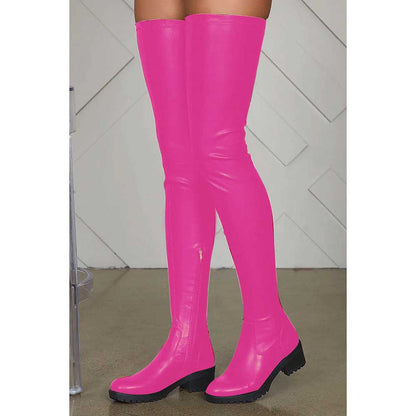 Bright pink extra long platform boots for women with a chunky black sole and knee-high fit