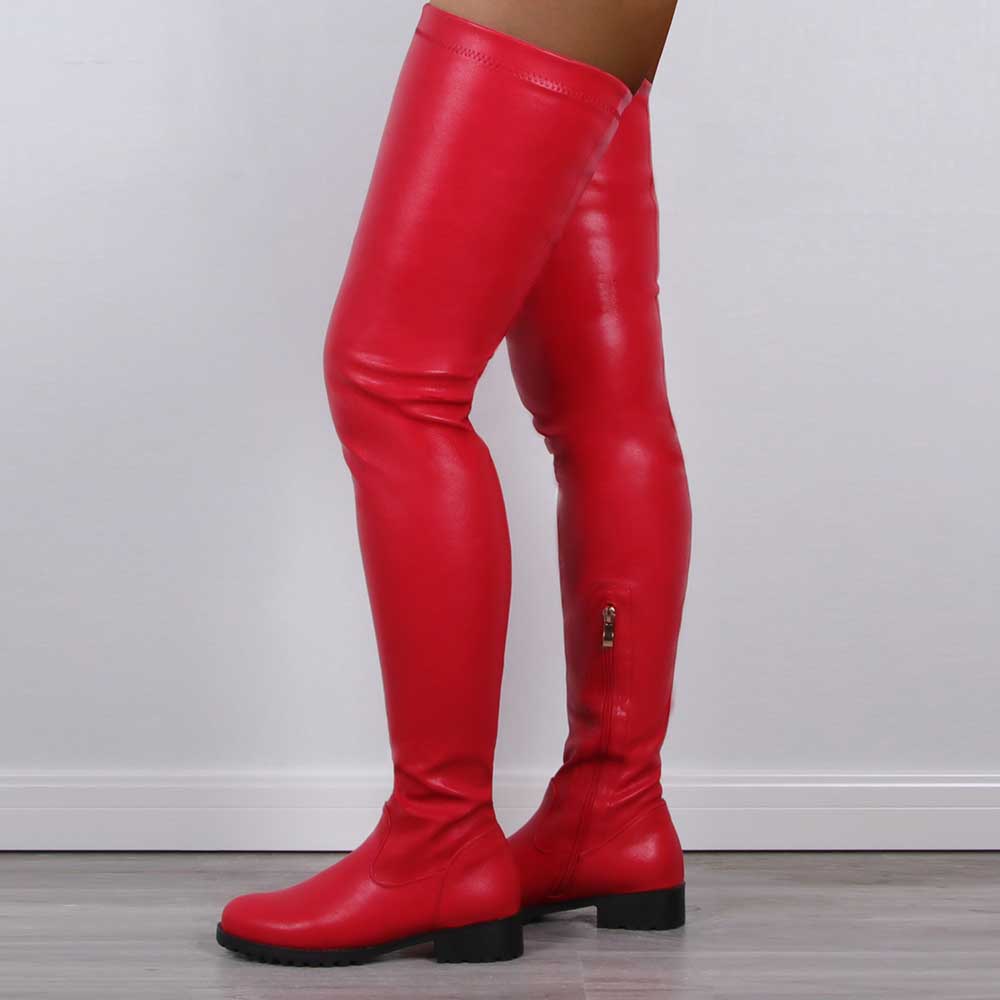 Red extra long platform boots for women with flat heels and side zippers in smooth leather
