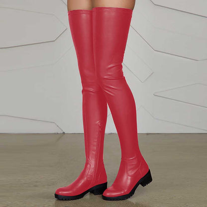 red extra long platform boots for women with black soles and knee-high fit
