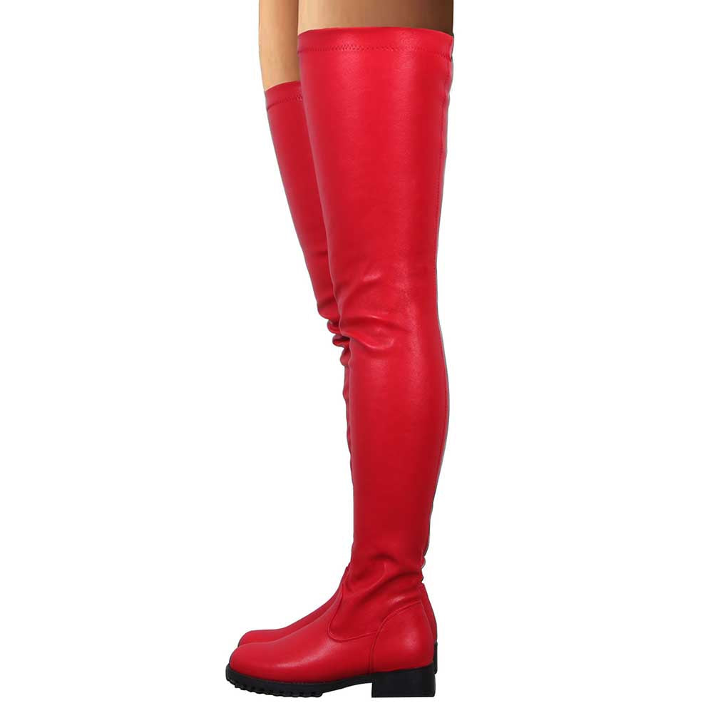Red extra long platform boots for women with flat low heels and smooth finish