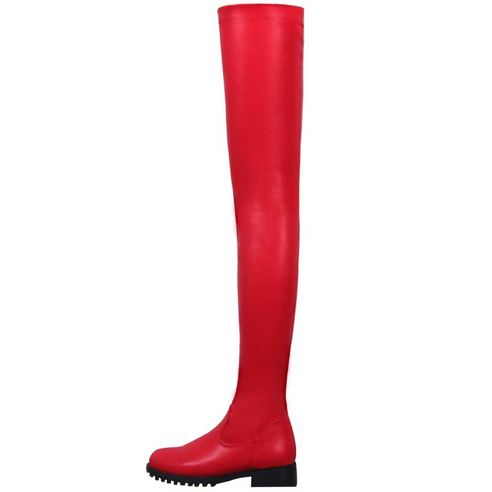 Red extra long platform boots for women with low heel and rugged sole design