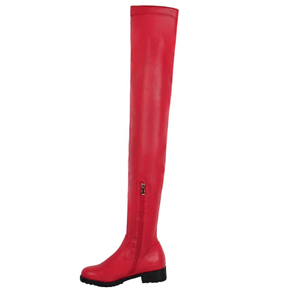 red extra long platform boots for women with side zipper and low heel