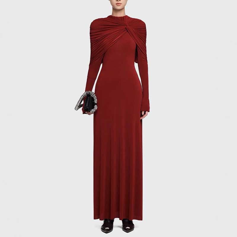 Raw Edge Detail Ruched Maxi Dress Long Sleeves