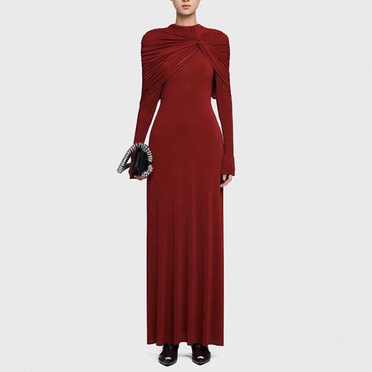 Raw Edge Detail Ruched Maxi Dress Long Sleeves