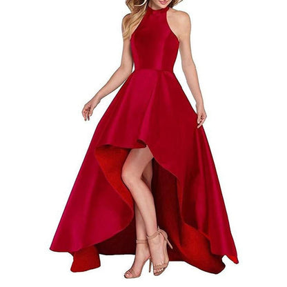 High Low Satin Prom Dress Halter Wedding Guest Dress Party Ball Gown