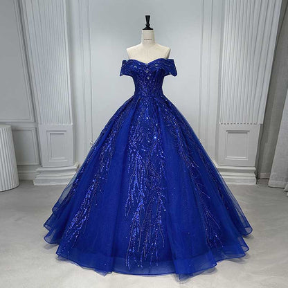 Off Shoulder Ball Gown Sequin Formal Dresses With Detachable Crinoline.