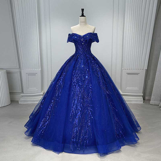 Off Shoulder Ball Gown Sequin Formal Dresses With Detachable Crinoline.