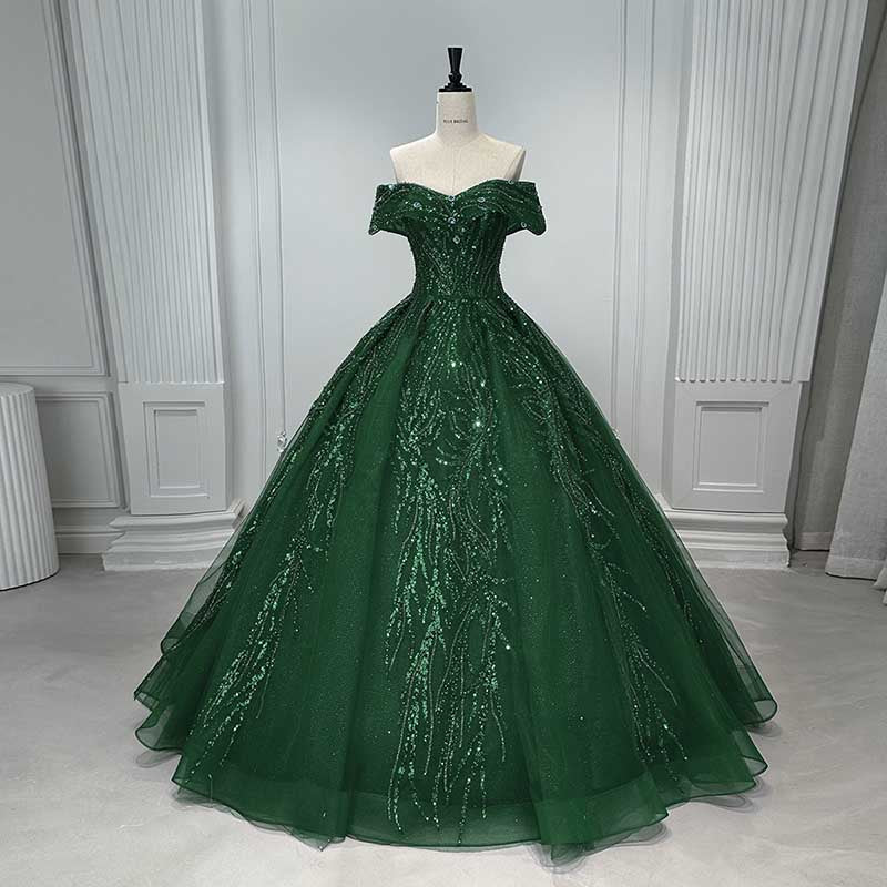 Off Shoulder Ball Gown Sequin Formal Dresses With Detachable Crinoline.